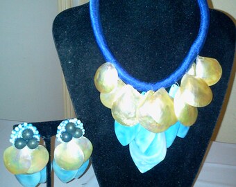 Vintage 80's  Stunningly Gorgeous Silk Cobalt Blue Necklace & Earrings w/Abalone shells