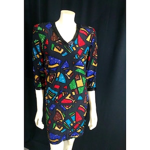 Vintage 80s Oleg Cassini Beaded Mosaic Silk Cocktail Dress