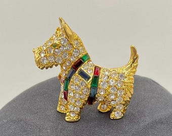 Vintage Kenneth J Lane Scotty Dog Brooch: Gold Tone Rhinestone KJL Jewelry