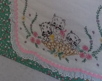 3 KITTENS in basket, lace baby quilt, OOAK