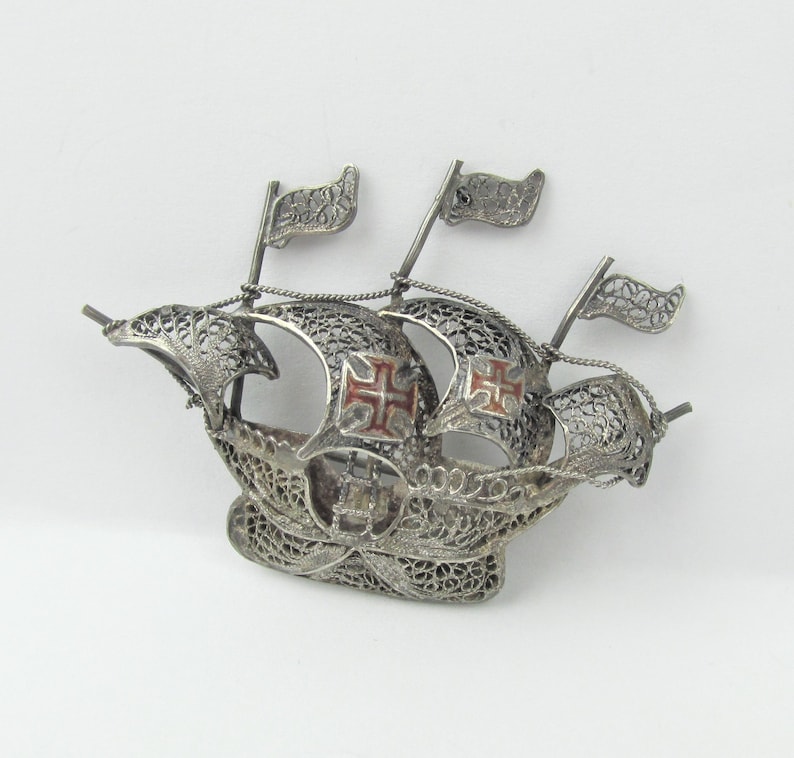 Antique 835 Silver Galleon Sailing Pirate Ship Filigree Brooch