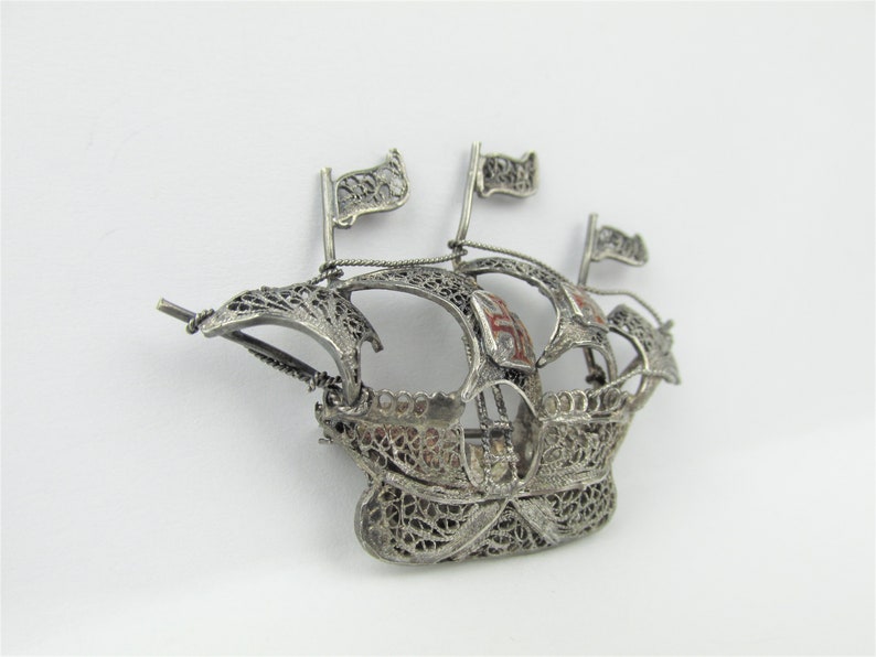 Antique 835 Silver Galleon Sailing Pirate Ship Filigree Brooch