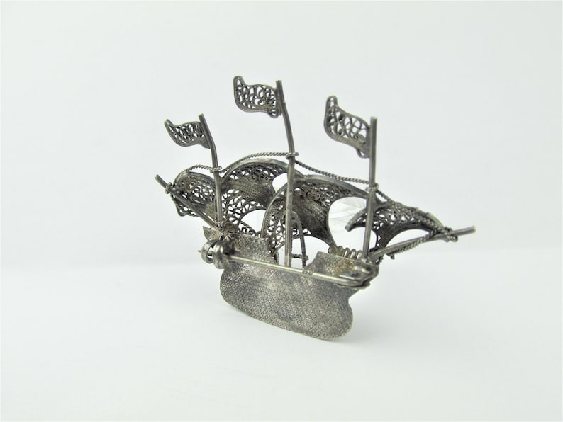 Antique 835 Silver Galleon Sailing Pirate Ship Filigree Brooch