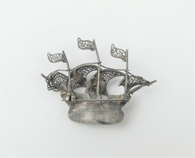 Antique 835 Silver Galleon Sailing Pirate Ship Filigree Brooch