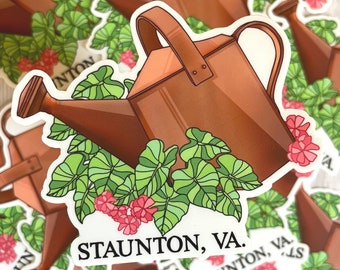 Staunton Virginia Giant Watering Can Sticker | Whismsical Downtown Staunton Watering Can Landmark Vinyl Water Resistant Sticker