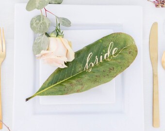 Personalized Magnolia Leaves Place Cards | Wedding Table Setting Place Cards | Hand Lettered Name Card | Escort Card
