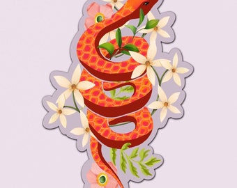 Botanical Serpent Sticker | Snake and Flowers | Light Purple, Pink, Orange | Waterproof | Water Bottle, Laptop | Decal Vinyl |