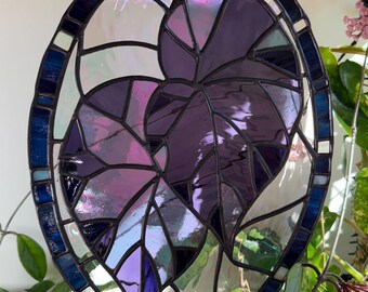 Large Handcrafted Stained Glass Begonia Leaf Window or Wall Hanging Art