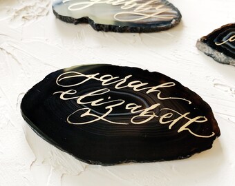 Black Agate Slice Place Cards | Name Cards | Agate Escort Cards | Placecards with Calligraphy | Geode Name Card