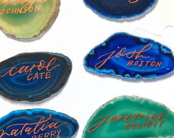 Blue Green Agate Slice Wedding Place Card | Escort Card | Event Decor | Personalized Agate Slices | Calligraphy | Wedding Favor