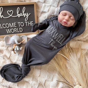 Made in USA Gown | Custom Embroidered Name Baby Gown | Personalized Knotted Newborn Outfit | Baby Shower Gift Keepsake | Coming Home Outfit