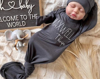 Made in USA Gown | Custom Embroidered Name Baby Gown | Personalized Knotted Newborn Outfit | Baby Shower Gift Keepsake | Coming Home Outfit