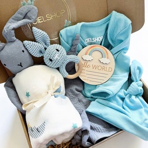Newborn Gift Set | 6pc Baby Shower Bundle | Baby Gift Box | Gift for Baby Boy | Unique Gift Basket | Blue Bunny Gift Set
