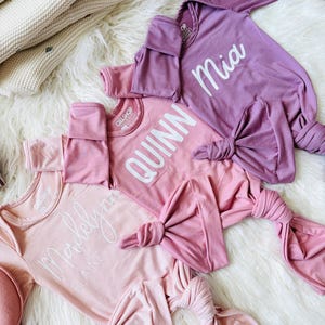 Made in USA | Personalized Knotted Baby Gown With Hat | Newborn Coming Home Set | Infant Sleeper First Outfit | Bamboo Newborn One Piece