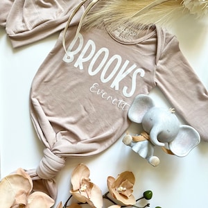 Made in USA | Personalized Knotted Baby Gown With Hat | Newborn Coming Home Set | Unique Baby Shower Gift | Bamboo Newborn One Piece