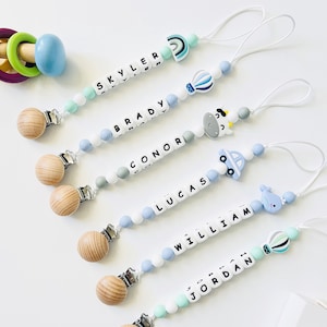 Custom Newborn Pacifier Clip Custom Binky Pacifier Holder With Name Dummy Clips Custom Baby Shower Gift Personalized Pacifier Clip Mint Air Balloon