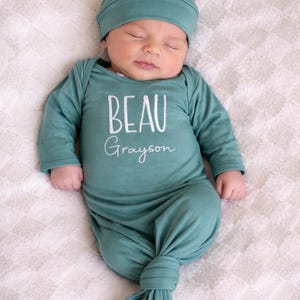 Made in USA Gown | Custom Embroidered Name Baby Gown | Personalized Knotted Newborn Outfit | Baby Shower Gift Keepsake | Coming Home Outfit