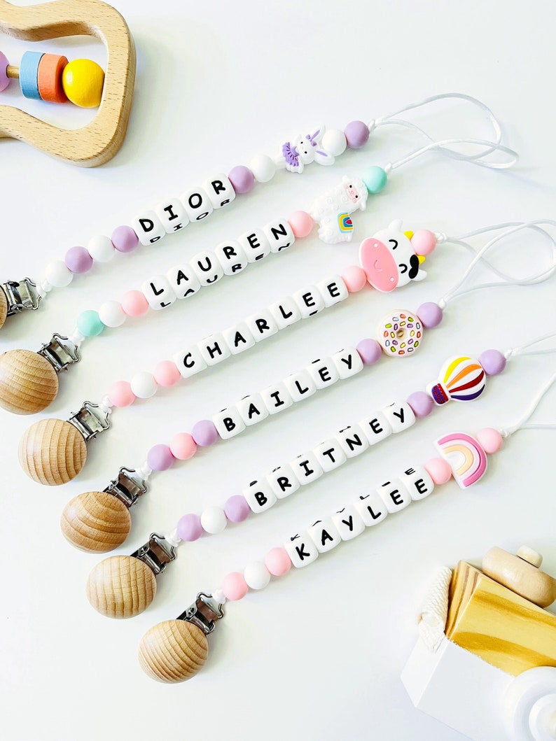 Pacifier Clip Personalized Custom Binky Pacifier Holder With Name Dummy Clips Custom Baby Shower Gift Wooden Beech Holder image 2