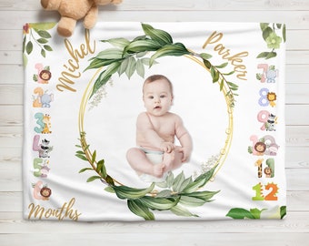 Personalized Baby Boy Milestone Blanket |  Monthly Growth Blanket | Custom Age Growth | New Mom Baby Shower Gift | Photo Blanket Backdrop