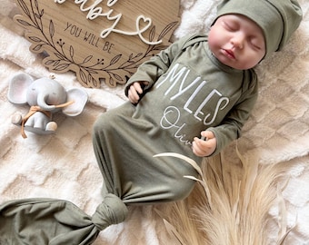 Made in USA | Personalized Embroidered Name Baby Gown | Custom Knotted Newborn Outfit | Coming Home Outfit | Perfect For Birth Announcement
