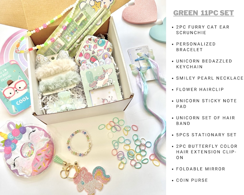 Personalized Gift Box For Little Girls Birthday Gift Set Custom Busy Box For Kids Holiday Gift For Girls Personalized Bracelet Green