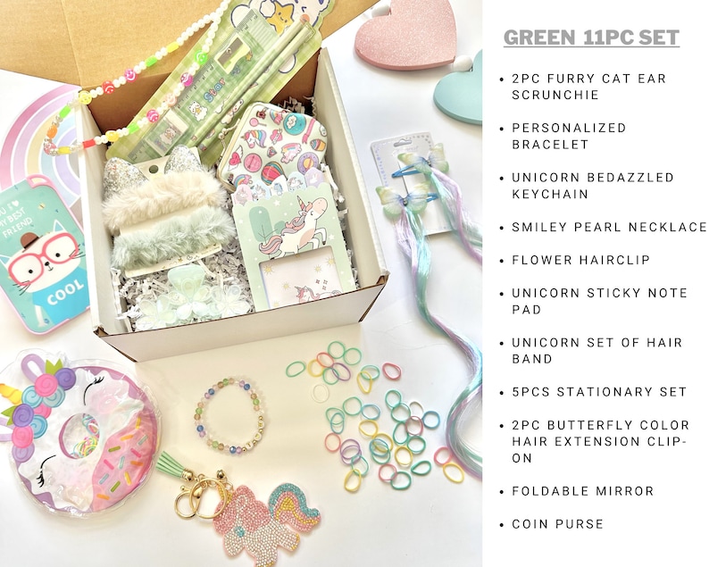 May include: A green 11-piece gift set containing a cat ear scrunchie, a personalised bracelet, a unicorn keychain, a smiley pearl necklace, a flower hairclip, a sticky note pad, a hair band set, a stationary set, butterfly hair extensions, a foldable mirror, and a coin purse.