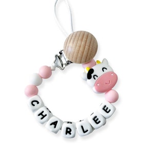 Pacifier Clip Personalized Custom Binky Pacifier Holder With Name Dummy Clips Custom Baby Shower Gift Wooden Beech Holder Cow