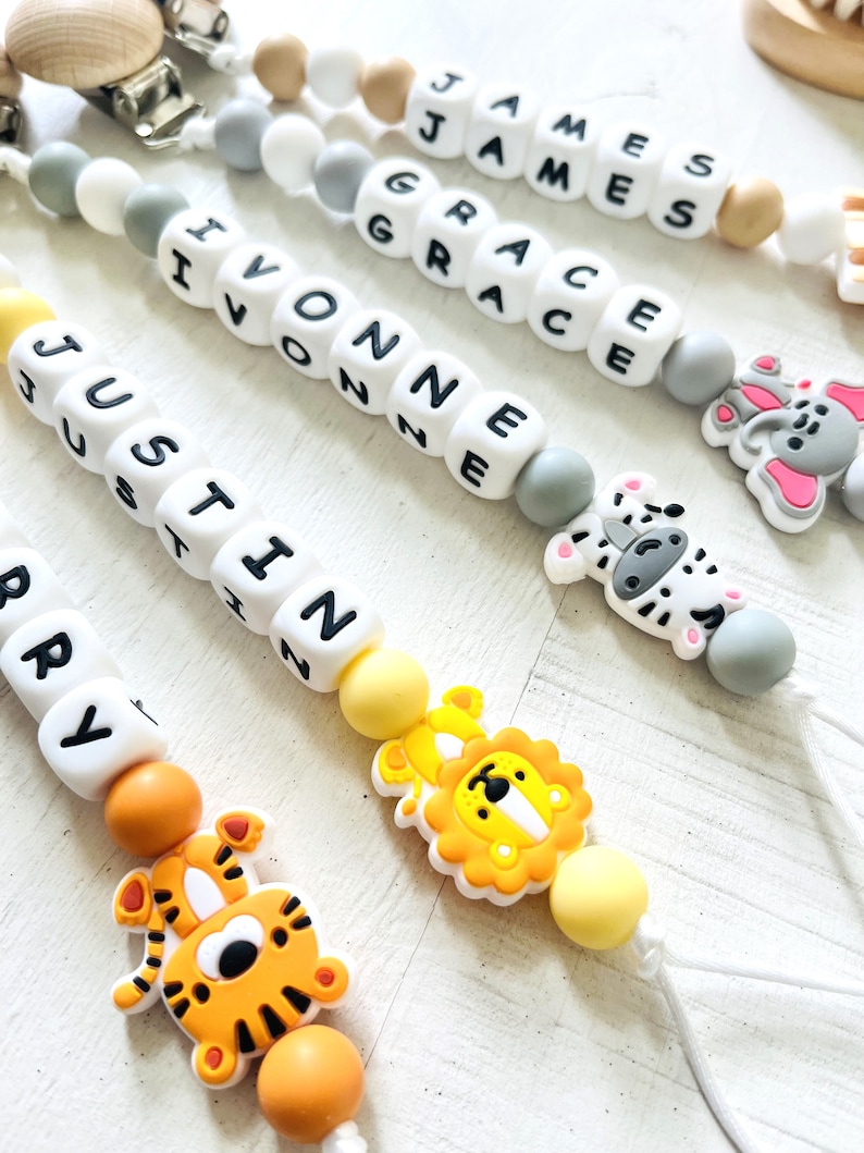 Pacifier Clip Personalized Custom Binky Pacifier Holder With Name Dummy Clips Custom Baby Shower Gift Wooden Beech Holder image 6