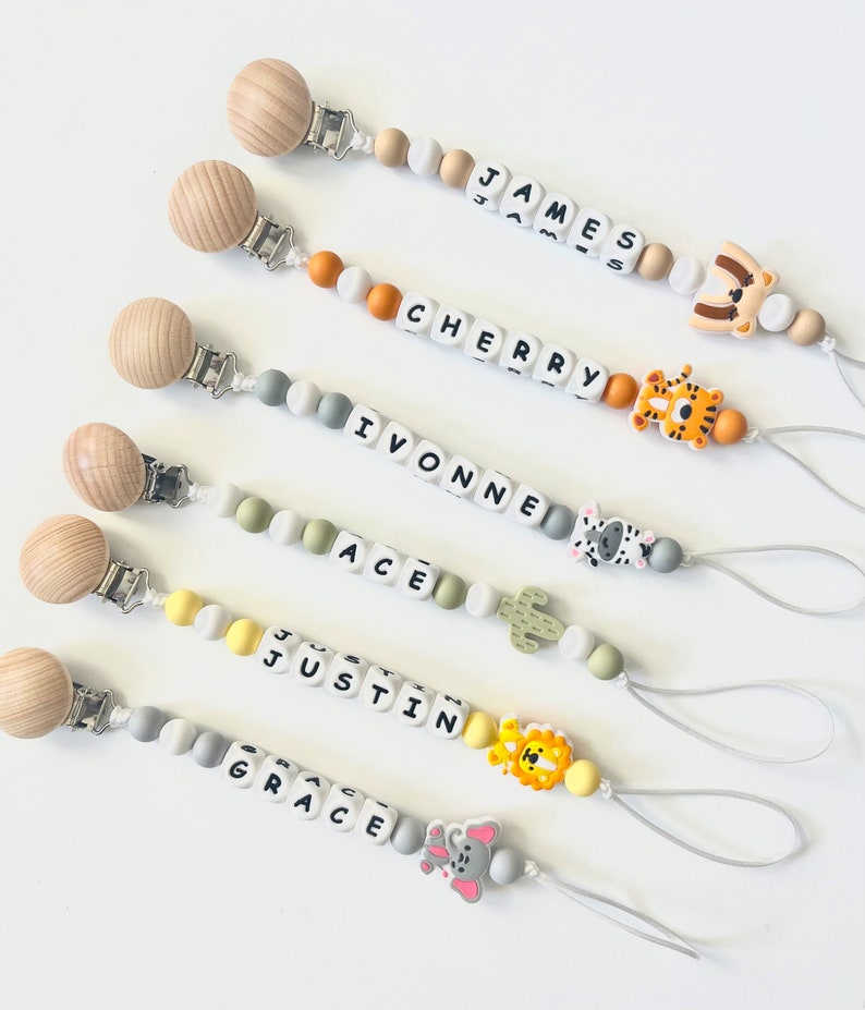 Pacifier Clip Personalized Custom Binky Pacifier Holder With Name Dummy Clips Custom Baby Shower Gift Wooden Beech Holder image 5