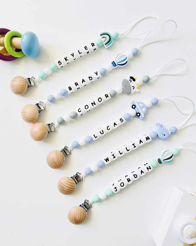 Custom Newborn Pacifier Clip Custom Binky Pacifier Holder With Name Dummy Clips Custom Baby Shower Gift Personalized Pacifier Clip Mint Air Balloon