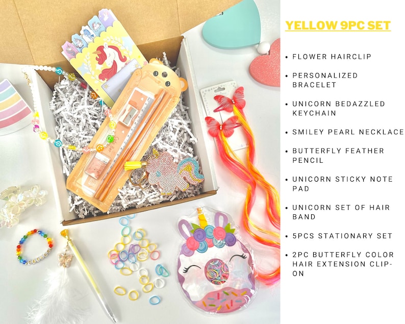 May include: A yellow 9-piece set of accessories, including a flower hairclip, personalised bracelet, unicorn keychain, smiley pearl necklace, butterfly feather pencil, unicorn sticky note pad, hair band, stationery set, and butterfly hair clips.