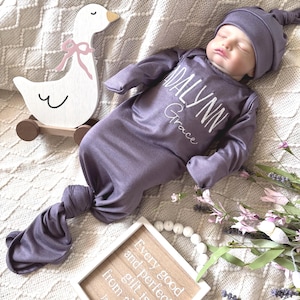 Made in USA Gown | Custom Embroidered Name Baby Gown | Personalized Knotted Newborn Outfit | Baby Shower Gift Keepsake | Coming Home Outfit