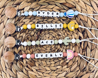 Pacifier Clip Personalized | Custom Binky | Pacifier Holder With Name | Dummy Clips | Custom Baby Shower Gift | Wooden Beech Holder