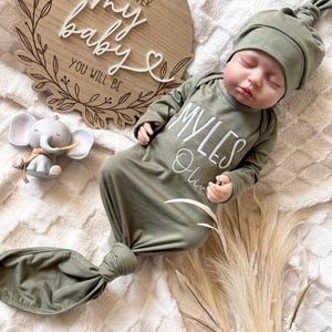 Made in USA | Personalized Embroidered Name Baby Gown | Custom Knotted Newborn Outfit | Baby Shower Gift Keepsake | Coming Home Outfit