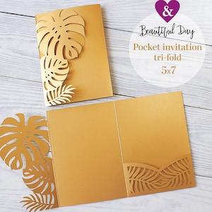 Goldene tropische Blätter, Hochzeitseinladung, Laser geschnitten, dreifach gefaltet, Tasche DIY, Strandpalme Blatteinladung svg, 5x7 Umschlag Vorlage Cricut Papierschnitt