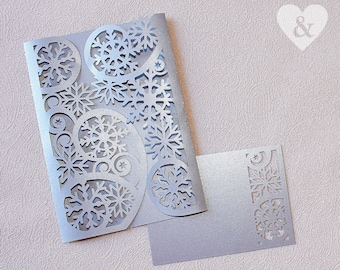 Laser Cut Snowflake Wedding Invitation, Silver Lace Pocket DIY cricut svg Template