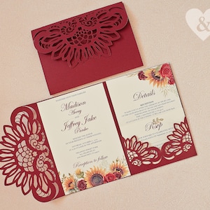 Set di inviti di nozze di girasole, matrimonio di girasole e marrone, invito di nozze floreale bordeaux tagliato al laser, inviti trifold tasca 5x7