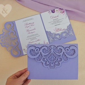 Purple wedding invitation, Lilac wedding invitation, Laser cut wedding invitation, Pocketfold wedding invitation, Trifold invites lace svg