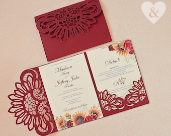 Invitación de boda con girasol cortado a láser, plantilla Cricut SVG con tríptico floral burdeos