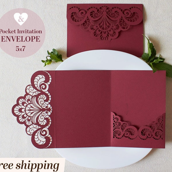 Laser cut pocket burgundy, Invitation pocket svg, Burgundy invitation template, DIY wedding invites cricut, Tri fold envelope marsala cameo