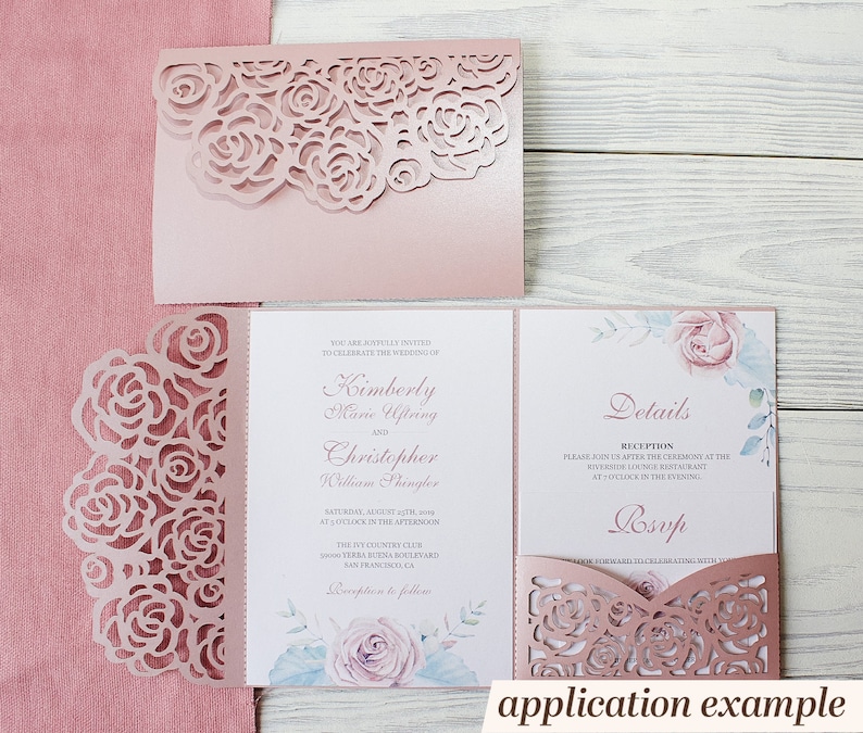 Pink Rose Laser Cut Wedding Invitation Pocket, Shimmer Trifold Cricut ...