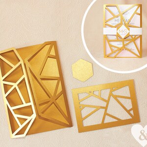 Invito geometrico, Invito apribile, Invito a nozze tagliato al laser, Invito a nozze in oro, Inviti a nozze moderni, Inviti moderni in formato SVG
