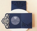 Dark blue pocket of wedding invitation DIY, Navy blue pocket of wedding invitation, Blue 5x7 laser cut pocket, Envelope tri-fold folder svg product logo