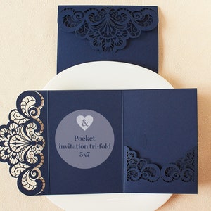 Tasca blu scuro dell'invito a nozze fai da te, tasca blu navy dell'invito a nozze, tasca tagliata al laser blu 5x7, busta cartella ripiegabile in formato SVG