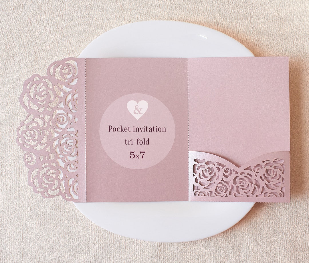 Pink Rose Laser Cut Wedding Invitation Pocket, Shimmer Trifold Cricut ...