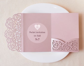Pink rose shimmer laser cut wedding invitation pocket, DIY shine quinceanera tri-fold envelope template-Invitation svg cricut papercut cameo