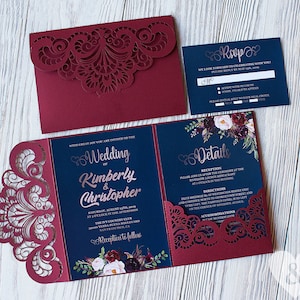 Set di taglio laser per inviti di nozze in oro rosa e blu navy e marsala, modello di invito Borgogna-Invito di fiori rosso-bianco Marsala in formato SVG cricut