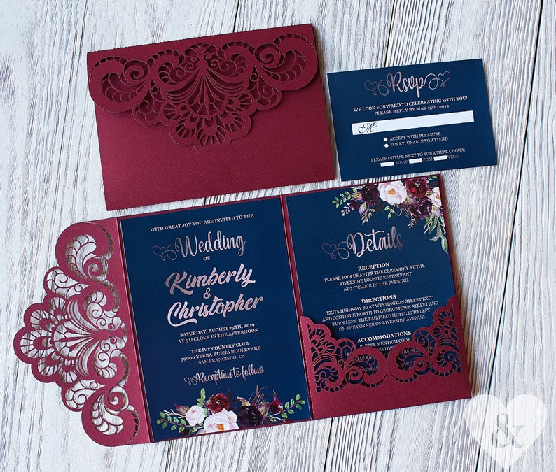 Navy blue & Marsala Rose Gold Wedding Invitation Laser Cut