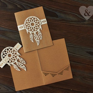 L'acchiappasogni invita il taglio laser fai-da-te-Boho invito a nozze pocketfold-Invito a nozze rustico con fascia per la pancia-Acchiappasogni invita compleanno svg