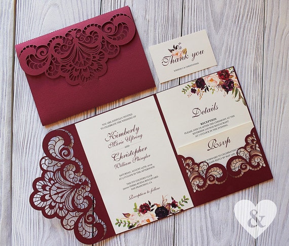 Romantic Collection Wedding Invites Burgundy Hearts with Cut out Corners 
